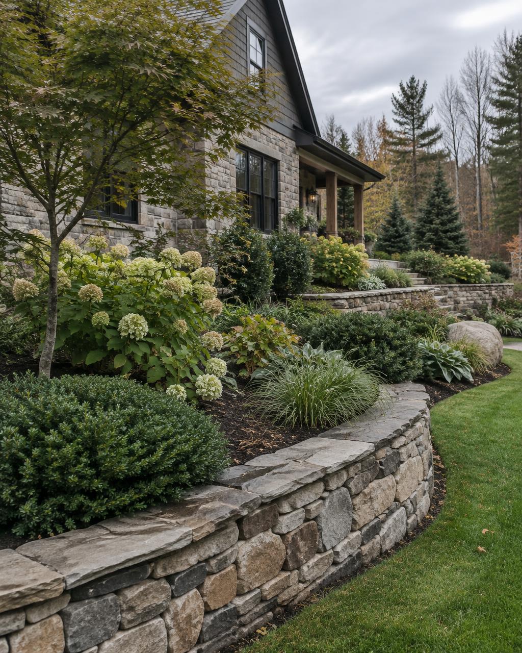 Finished stone-edged landscape beds around a residential property