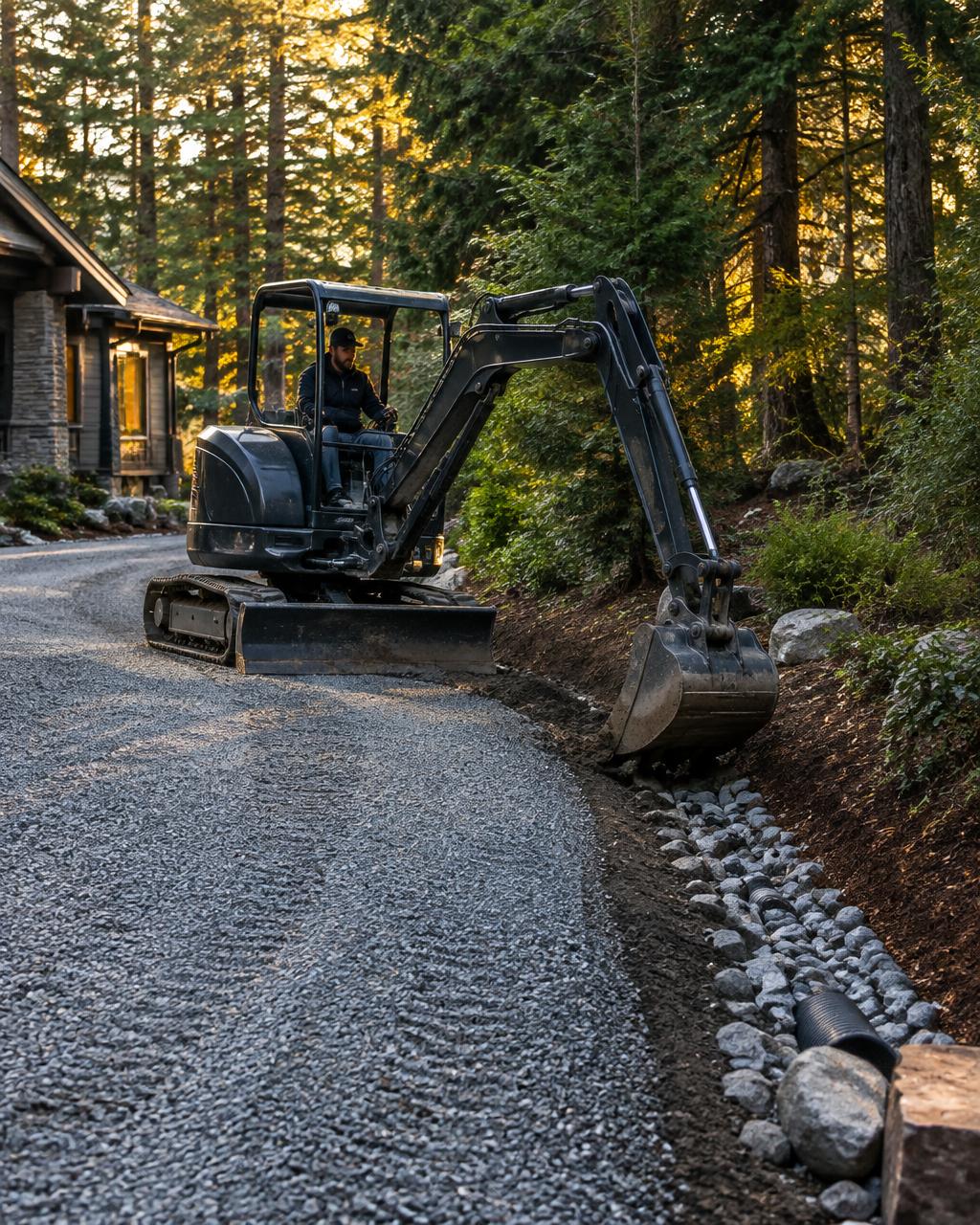 Compact excavator completing a gravel driveway improvement